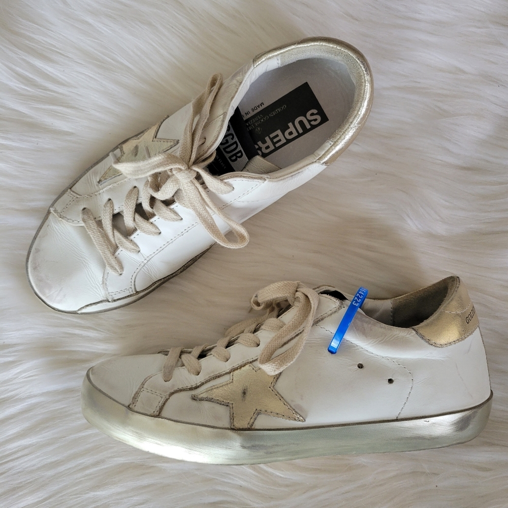 Golden Goose White Sneakers with Gold Star and Heel